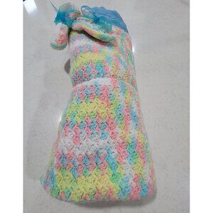 Vintage Handmade Baby Blanket Matching Booties Pastels Knit‎ Baby Shower Nursery